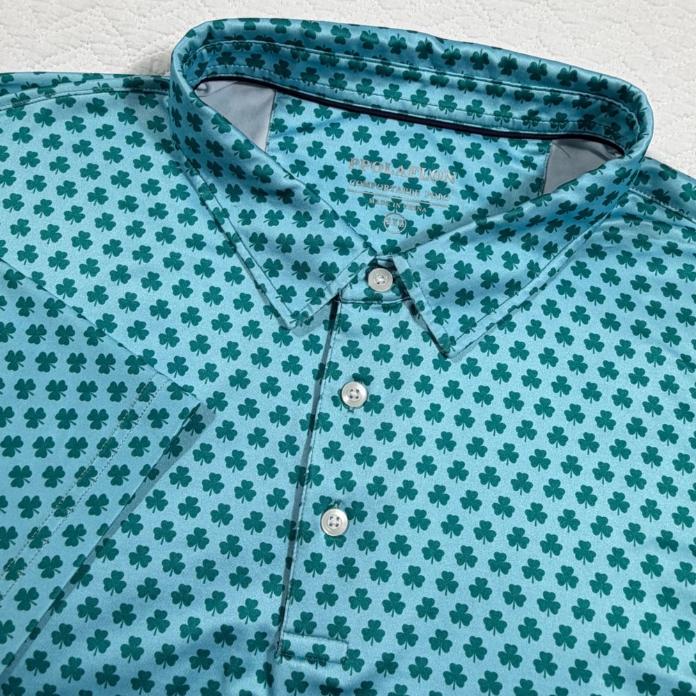 PPOLAFLON Polo Shirt‎ Mens 2XL Teal Green Shamrock Clover Performance Golf NWOT